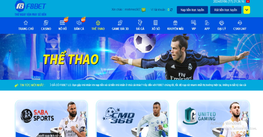 Vào sảnh Thể thao để tìm game tennis F8bet